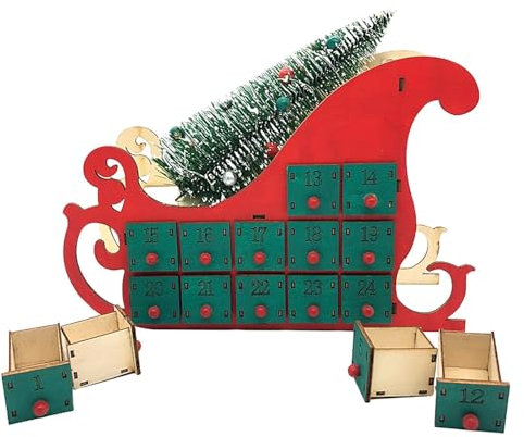 Generic Solar Garden Statues Outdoor Wooden 24 Countdown Christmas Calendar Home Sled Calendar Wooden Christmas Decorative Ornament Handicraft Solar Garden Gnome Camera (Red, 29X20X8CM)