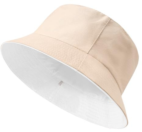Xnova Fischerhut Damen Reversibel, Bucket Hats Baumwolle Faltbarer Anglerhut mit Breiter Krempe, Beidseitigen UV-Schutz Sonnenhüte Unisex Sommer Hüte Reisezubehör (Weiß-Beige, XL:64-66cm)