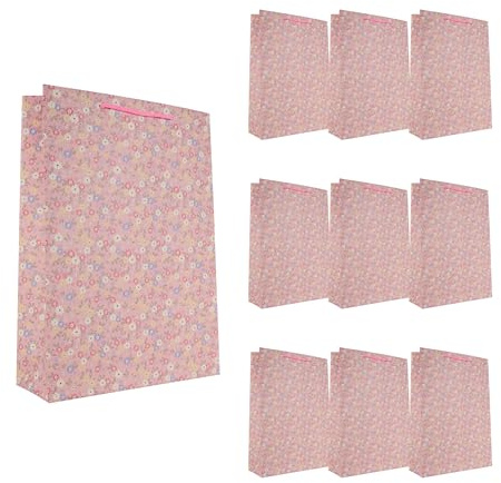 Idena 90229 - Geschenktüten Blumen, 10 Stück, Geschenktaschen in der Größe 25 x 34,5 x 8,5 cm, pinke Papiertüten mit bunten Blumen