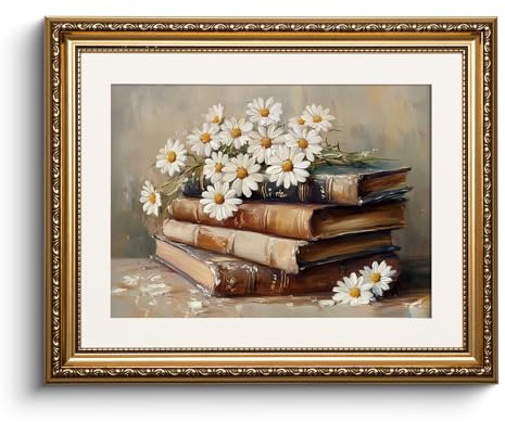 HUARCEY Leinwand Bilder mit Gold Rahmen, klein Vintage Wandbilder, Gänseblümchen und Büchern Painting, Wand Deko Wohnzimmer Schlafzimmer Arbeitszimmer, Bauernhaus Deko Aesthetic,33x40cm