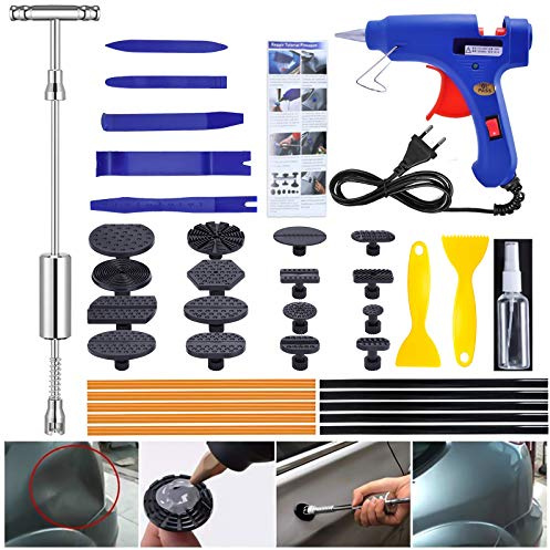 Manelord Set di strumenti per la riparazione di ammaccature dell'auto, senza vernice, martello scorrevole con 16 adesivi per auto, frigorifero, lavaggio fai da te