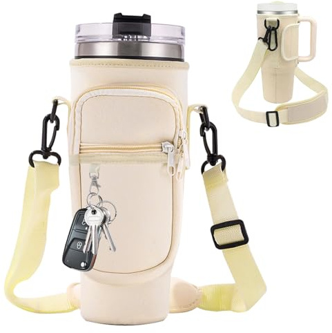 Mudoulu Borsa dell'acqua per Stanley Cup, 1,2 l, accessorio per Stanley, borsa per il trasporto con scomparto per cellulare e tracolla regolabile, per viaggi, escursioni, corsa, ciclismo, beige