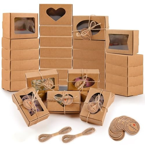 Pack of 24 Kraft Paper Boxes with Viewing Window - Mini Geschenkbox for Soaps, Cupcakes, Desserts - Small Boxes 9 x 6 x 3 cm, Ideal for Biscuits, Cakes, Chocolates and Sweets Packaging Gift Box