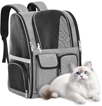 Zaino per Gatti 41x35x25cm – Trasportino Grigio Traspirante con Strisce Riflettenti, Cinghie S Comode, Multi-Zipper – Ideale per Gatti e Piccoli Animali
