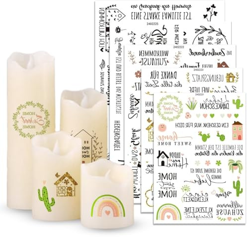 Rub On Sticker 5 Bogen Gemütliche Sprüche Kerzentattoos - Transferaufkleber Wasserschiebefolie für Kerzen, Glas, Holz, Möbel DIY Basteln Deko Geschenk(schwarz Typ A、bunt Typ B) (bunt Typ B)