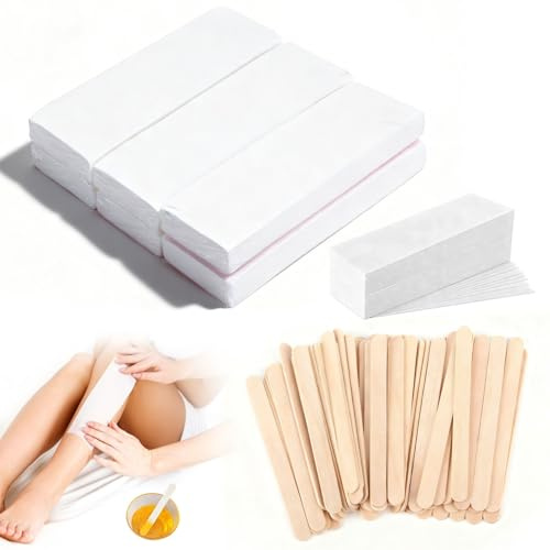 400 PcsWax Strips Kit: 300Large Non-Woven Paper Wax Stripss & 100 PcsWax Sticks Waxing Sticks Applicator, Wax Paper Strips for Face Body Legs Bikini Area Facial Hair Facial Removal