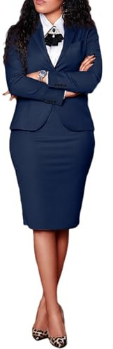 Dam 2-delad kostym kjol set uppklädd business långärmad blazer och pennkjol kläder, arbete blazer jacka kjolar set, Mörkblått, L-4XL