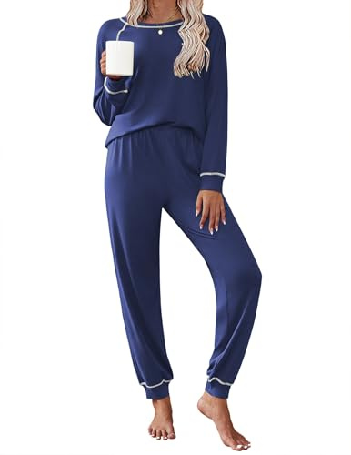 Ekouaer Pyjama Femme 2 Pièces avec Poche à Ceinture Ajustable Vêtements de Nuit Hiver T-Shirt,Bleu Marine,M