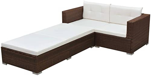 Qnhdfrt Rattan Sofa Set 3 teilig PE Geflecht Braun mit Cremeweißen Kissen Wetterfestes Lounge Möbel für Garten Terrasse und Balkon