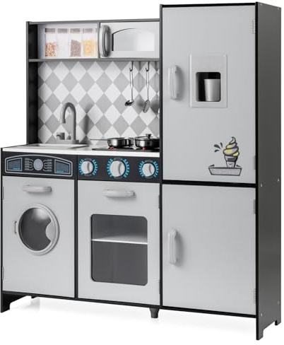 GYMAX Kids Play Kitchen, Wooden Toy Kitchen with Microwave, Ice Maker, Washing Machine, Oven, Stove, Sounds, Lights and Cookware Accessories, Pretend Kitchen Playset for Boys Girls (Grey)
