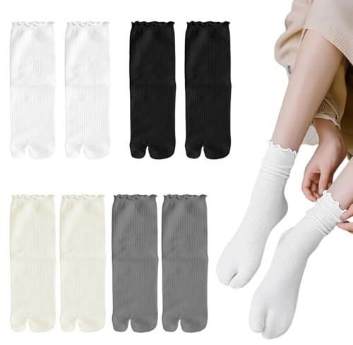 VLYX 4 Par Dam Tabi-strumpor - Delad Tå Flip Flop Strumpor, Bekväma, Andningsbara, Elastiska, Krusig Bomull Japansk Stil