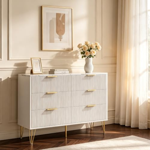 Wumagin Kommode mit 6 Schubladen aus Massivholz, Moderne Komodenschrank 100 cm Breit aus Gerilltem, Chest of Drawers mit Goldenen Griffen, Schrank mit Marmorimitat für den Flur (Weiß)