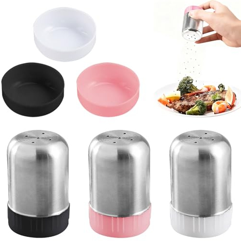 3 Stück Mini Salzstreuer Edelstahl - 20ml Salzstreuer Gewürzstreuer mit Deckel Salz und Pfefferstreuer Klein für Bento Box Büro Camping Edelstahl Gewürzstreuer Camping (Weiß, Schwarzv und Rosa)