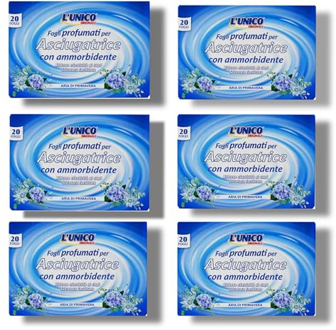 Fogli Profumati per Asciugatrice, Set Risparmio da 6 o 12 Confezioni, 20 Fogli Monouso per Confezione, Funzione Ammorbidente, Profumazioni Primavera e Floreali (x6, Aria di Primaver)