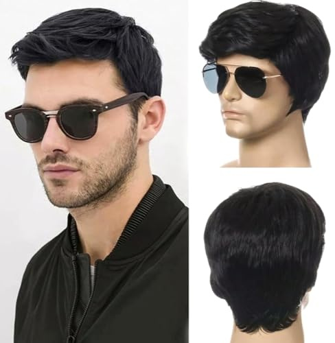 ZXTGBQ Peluca Hombre Pelo Corto, CCorta Pelucas Hombres Carnaval Pelucas Disfraces de Adulto Cosplay Fiesta, Peluca Negro Corta para Hombre, PPeluca Corta de Pelo Sintético Negro para Hombres