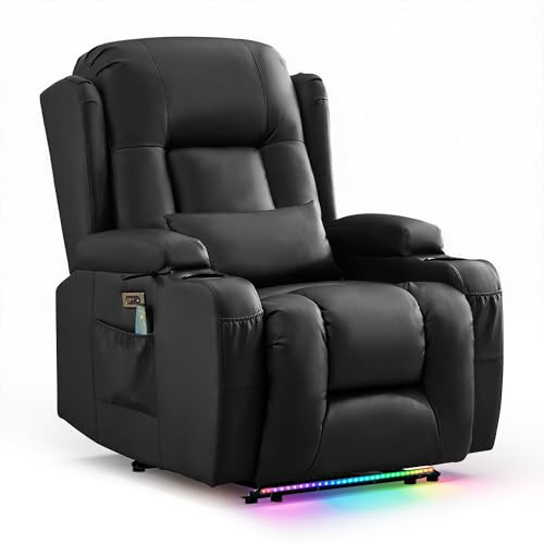 SnyFivv Relaxsessel mit Massage und Heizfunktion, Fernsehsessel Elektrisch Verstellbar, TV Sessel mit USB-Anschlüsse, Getränkehalter, Seitentaschen, Kunstleder (Schwarz)