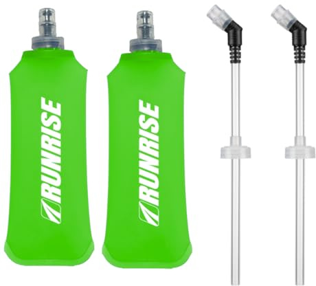 RUNRISE Lot de 2 Flasques Souples Running Trail 500ml | Sans BPA, 2 Bouchons Interchangeables, Sport + Tube d'Hydratation Pipette, Gourde Pliable, Compatible Gilet et Sac de Trail