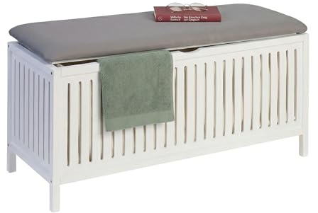 Relaxdays Wäschekorb zum Sitzen, Walnuss, gepolsterter Deckel, HBT: 50 x 100 x 38 cm, Badhocker mit Stauraum, weiß/grau