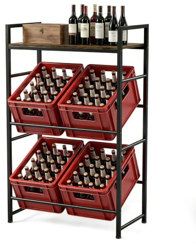 Sampoes Drinks Crate Rack for 4 Crates with Shelf, Sturdy Metal Drinks Box Stand with Wooden Plate, Space-Saving Shelf for Beer, Water & Drink Crates, for Basement, Kitchen and Garage