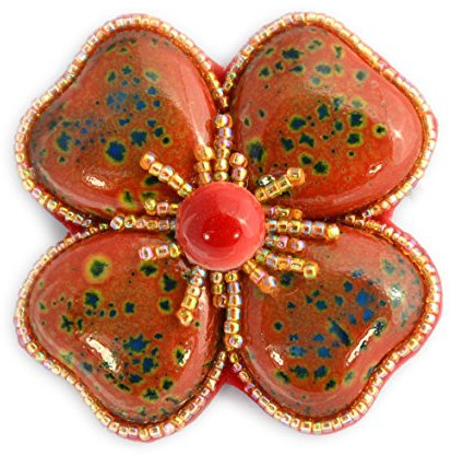 Broche Fleur Grand trèfle Rouille et émeraude en Porcelaine et Perles de Verre - Bijou Fantaisie