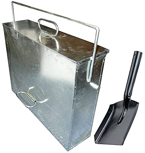 Srendi® Silver Ash Carrier Galvanised Metal Hot Tidy Box Container Fireplace Pan Bucket Bin Ash Storage Box wih Free Shovel