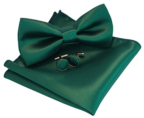 JEMYGINS Conjunto de Pajarita y Pañuelo Sólido con Gemelos para Hombre Verde oscuro 5