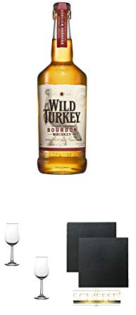 Wild Turkey 81 Proof Bourbon Whiskey 0,7 Liter + Nosing Gläser Kelchglas Bugatti mit Eichstrich 2cl und 4cl - 2 Stück + Schiefer Glasuntersetzer eckig ca. 9,5 cm Ø 2 Stück