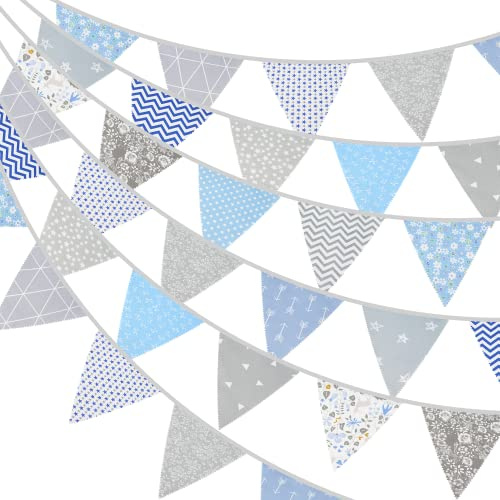 G2PLUS 12m Grau und Blau Wimpelkette Stoff Blumen: 42 STK Groß Stoffgirlande, Lange Stoff Bunting Girlande für Haus und Garten Deokration