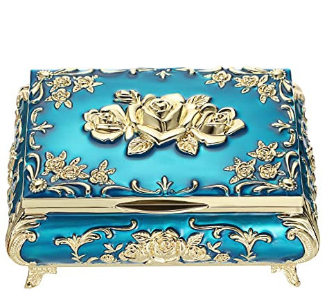 SUMTree Vintage Schmuckkästen mit Deckel aus Metall Blau mit Goldenblumeform Schmuckbox Schmuckkiste Schmuckkoffer für Ring Armband Ohrringe von Damen Geschenk für Weichnachten Geburtstag(Mittle)