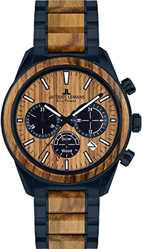 JACQUES LEMANS Herrenuhr, Eco Power Uhren Männer, Chronograph aus massivem Edelstahl mit Apfel-Leder Armband, Model 1-2115
