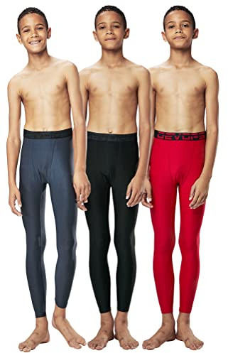 DEVOPS 3 Pack Boys Compression Leggings,Youth Athletic Compression Pants,Boys Base Layer Pants Sports Legging (X-Small, Black/Charcoal/Red)