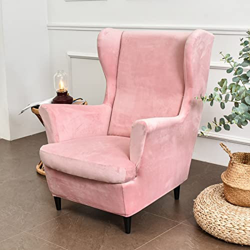 GUYIRT 2 Stücke Ohrensessel Schonbezug, Elastizität Luxus Samt Sesselhusse Waschbar Abnehmbare Sofabezug für Wohnzimmer Schlafzimmer Hotel-rosa