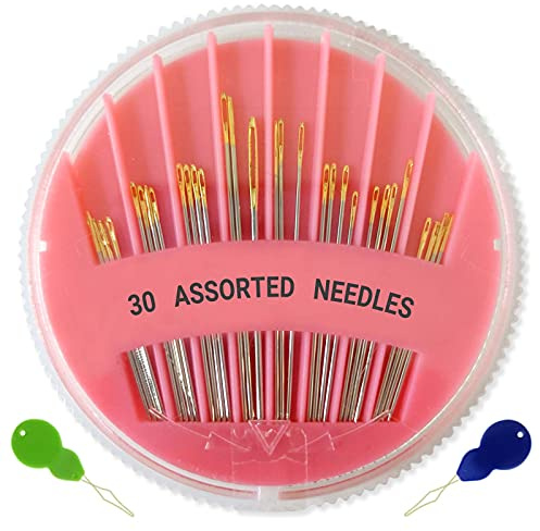 30 Pack Premium Hand Sewing Needles, Assorted Sizes, Large Eye Stitching Needles for Sewing, Repair & Embroidery