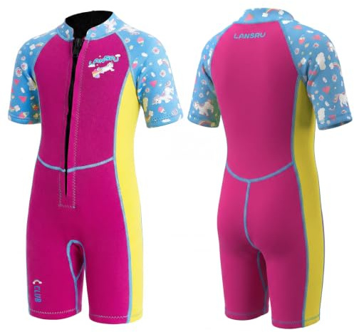 Lansru Muta per Bambini in Neoprene - 2,5 mm Muta Corta in Neoprene, Neoprene SCR Aggiornato, Materiale Più Sicuro, Protezione UV, Chiusura Frontale a Cerniera per Lezioni di Nuoto, Mantiene il Calore