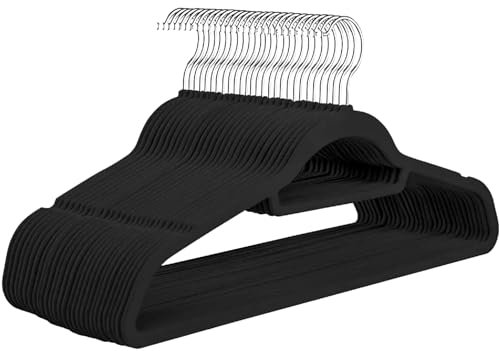 50 Velvet Hangers Non-Slip Clothes Coat Hangers Coat with Tie Bar and 360° Swivel Hook Space-Saving 0.6 cm Thick 45 cm Long, for Dresses Trousers(50 Pack Black)