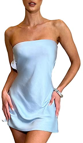 FeMereina Women Y2K Strapless Mini Tube Dresses Y2K Off Shoulder Satin Bodycon Dresses Open Back Hollow Out Sexy Short Party Dress (Blue, S)