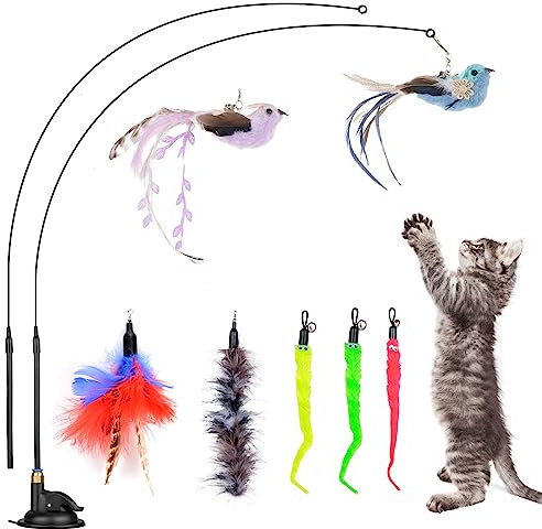 10 Stück Interaktives Katzenspielzeug Feder, Federn Katzenspielzeug Selbstbeschäftigung, Katzenangel mit Saugnapf Federn und Glöckchen,Katzen Glocken Zauberstab, Austauschbares Federkatzen-Spielset