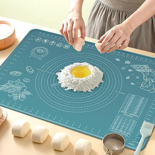 Silicone Pastry Mat 70x50 cm Extra Thick Non Stick Baking Mat with Measurements and Edge Heightening, Food Grade Silicone Rolling Dough Board for Pastry, Bread, Cookies, Pizza, Fondant, Pasta - Indigo