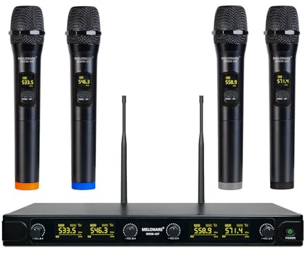 MELONARE Système de microphone sans fil UHF, ensemble de micros sans fil à quatre canaux avec 4 micros portables, 79,2 m, 4 x 25 fréquences, microphones dynamiques pour chant, karaoké à domicile, DJ,