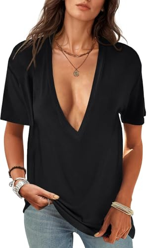 UNCLECAT Womens Deep V-Neck T Shirts Sexy Short Sleeve Tops Summer Oversized Tee