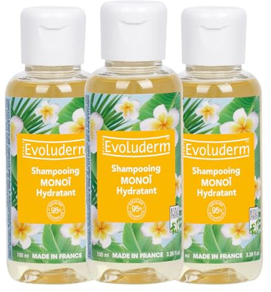 EVOLUDERM - Shampooing Hydratant - Monoï à la Folie - 95% d'Ingrédients d'Origine Naturelle (100 ml) - Lot de 3 x 100 ml
