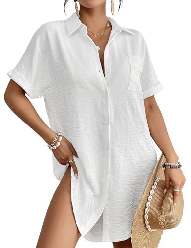 Bsubseach Women Swimsuit Coverup Shirt Dress Button Down Bathing Suit Cover Up Beach Vacation Outfits White S