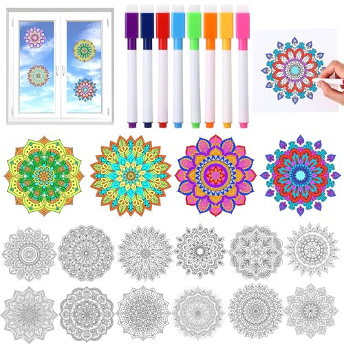 Trandraft 36 Pack Mandalas Arts Crafts for DIY Coloring Window Clings with 8 Markers Mandala Design Pattern Window Suncatchers Crafts Kit Hobby Gifts for Home Decorations, 6 Inch in Diameter