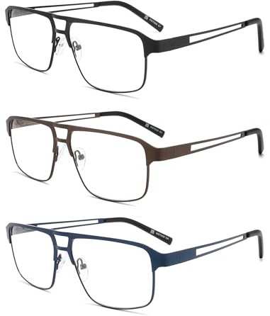 MODFANS 3 Paire de Lunettes de Lecture 1.5 Homme Anti Lumiere Bleue - Monture Rectangle en Metal Acier Inoxydable Lunettes Loupe Noir-Bleu-Marron