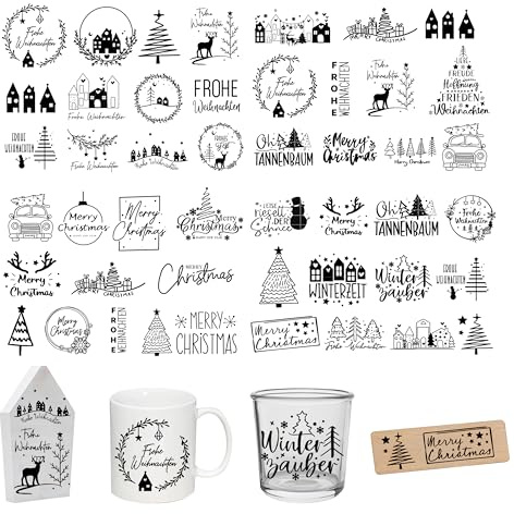 FloraVigo Rub On Sticker ca.A5 19x14cm-Abwischbare Folie für Weihnachtsdekoration, Keraflott, Zuhause, Möbel, Glas, Holz, Fotoalbum, DIY-Dekoration, Aufkleberästhetik(4PCS) (FROHE WEIHNACHTEN1)