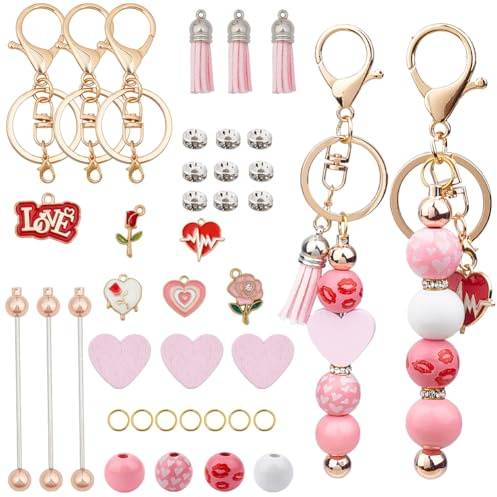 SUNNYCLUE Kit de Fabrication de Porte Clés DIY 6 ensemble Porte Clés à Perles pour la Saint Valentin Perles en Bois Rose Charmes de Fleur de Rose D'Amour Romantique Barre de Porte Clés en Vrac Barres