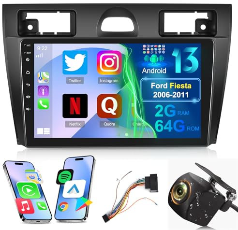 2G+64G Android 13 Autoradio per Ford Fiesta 2006-2011 con Wireless Carplay e Android Auto, 9 Pollici Touchscreen Radio con WiFi/GPS/FM RDS/Bluetooth+AHD Retrocamera