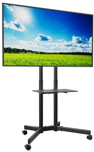 BONTEC Mobile TV Stand on Wheels, Rolling TV Cart with Locking Wheels for 32-85” LED, LCD, OLED Flat & Curved TVs, Tilt, Height Adjustable, Max VESA 600x400mm, 55kg Capacity, Laptop Shelf, Black