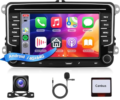 4G+64G Wireless Carplay Autoradio für VW Golf 5 6 Passat Polo Tiguan Touran Caddy Skoda SEAT 7 Zoll Autoradio Android Auto Mirror Link GPS Navi WiFi Bluetooth FM/RDS/EQ Lenkradsteuerung Rückfahrkamera