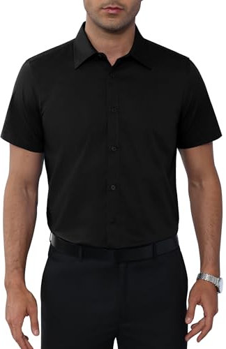 siliteelon Short Sleeve Shirts Men Black Dress Formal Shirts Stain Shield Stretch Non Iron Business Casual Button Down Shirt